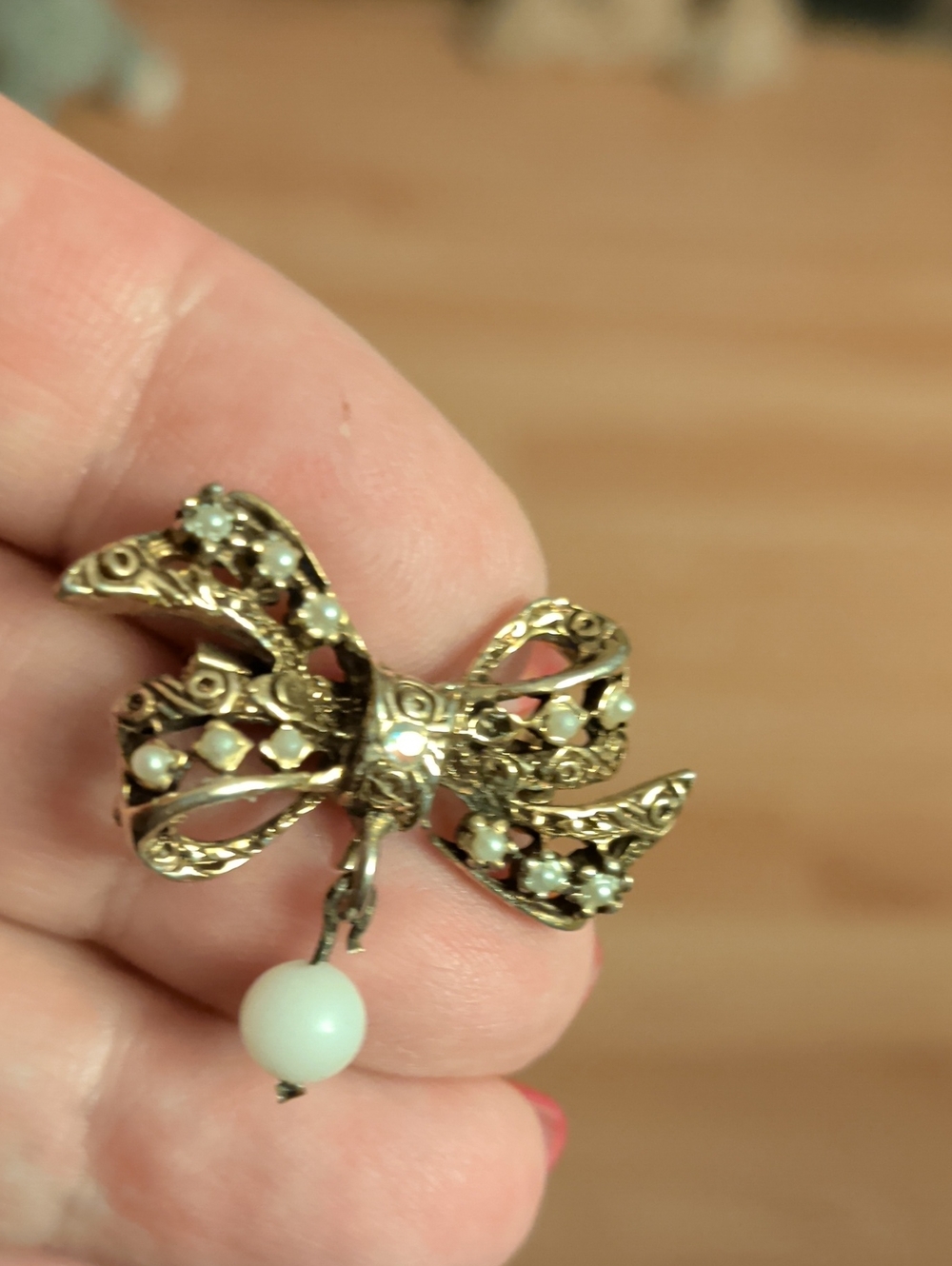 Gold-Tone Bow Vintage Brooch with AB Crystal, Faux Pearls, White Bead Drop